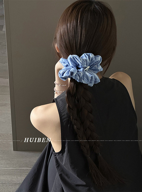 海盐蓝~清新条纹大肠发圈头绳女高弹力绑马尾扎头皮筋后脑勺发绳