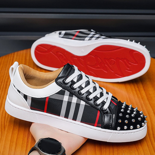欧洲站男鞋CL红底铆钉休闲板鞋格子布板鞋男士休闲百搭透气德训鞋