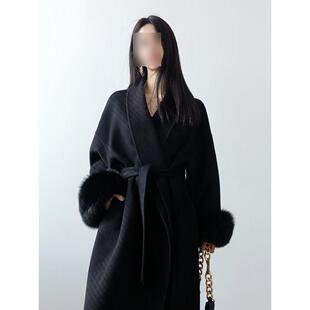秋冬新款赫本风女中长款狐狸毛袖口毛呢外套大衣呢子少女黑色气质
