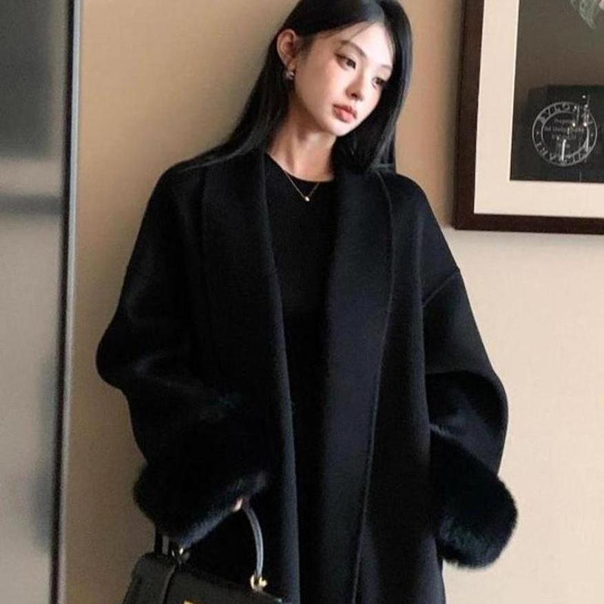 白色狐狸毛袖口毛毛大衣女2025冬新款大衣毛呢外套温婉千金风