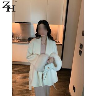 杏色绑带收腰毛呢外套女秋冬季长袖宽松高级感斗篷大衣中长款上衣