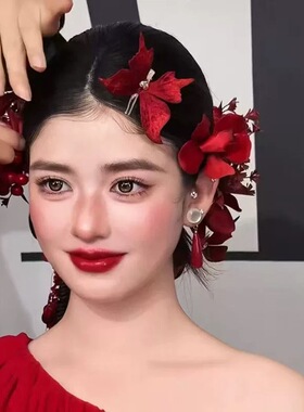 新娘头饰森系红色花朵蝴蝶发夹发簪结婚敬酒服跟妆造型发饰配饰