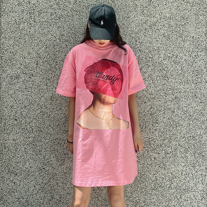 女款粉色Candy粉色短袖宽松加长连衣裙款T恤Clooouds