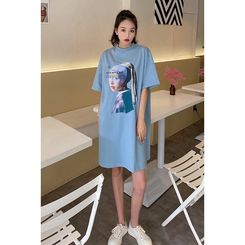 女T恤连衣裙雾霾蓝色珍珠耳环少女全棉短袖夏季
