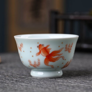 至简家居柴窑烧制景德镇瓷器茶具品茗杯手绘矾红描金茶器主人杯