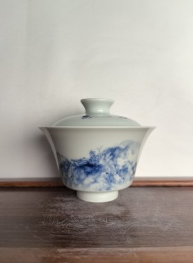 长物居微瑕柴窑烧制茶碗盖碗景德镇瓷器手绘青花茶器二才杯泡茶器
