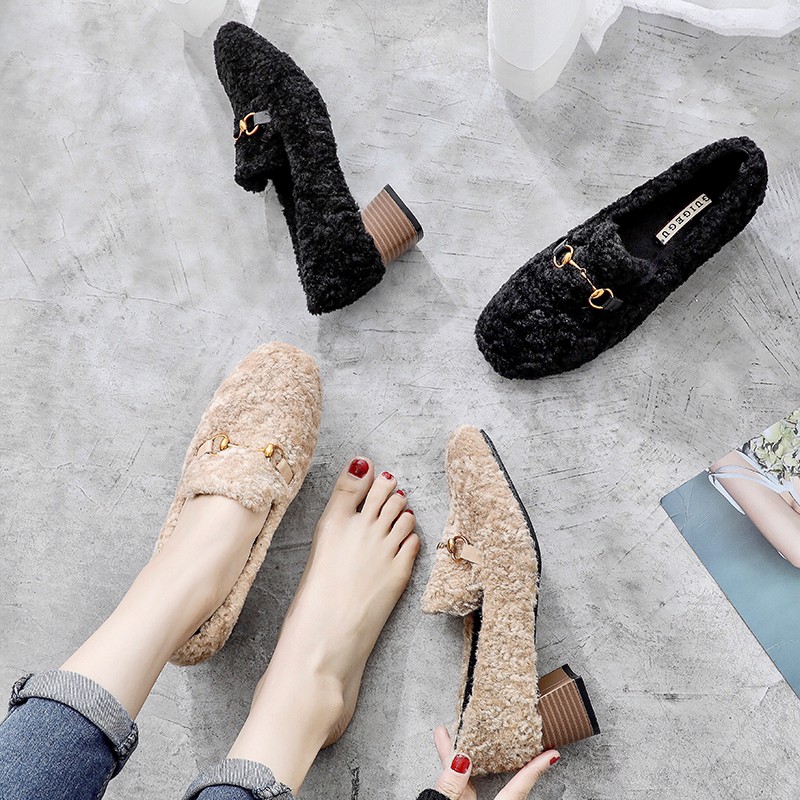 毛毛鞋女粗跟中跟2021保暖棉鞋