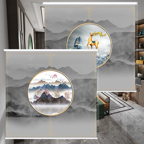 遮阳卷帘中式山水墨画办公室书房