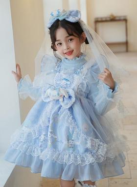 女童秋冬加绒连衣裙新款儿童玉桂狗公主裙宝宝蓝色生日礼服蓬蓬裙