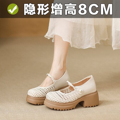8cm内增高真皮玛丽珍镂空凉鞋女