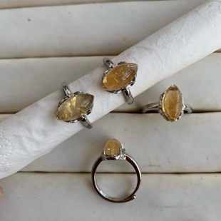 天然黄水晶戒指女款白铜托活口不规则简约款指环复古水晶首饰品