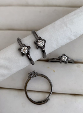 莫桑钻石戒指女款过钻笔枪黑白铜托活口简约小巧时尚百搭饰品