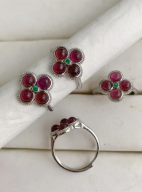 天然石榴石戒指女款白铜托活口可调节时尚百搭饰品礼物