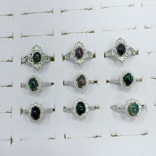 天然黑欧泊戒指女款白铜托活口韩版宝石斑彩欧泊石戒指水晶饰品