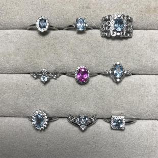 天然蓝托帕石戒指女纯银简约白铜托活口粉托帕石潮人时尚水晶饰品