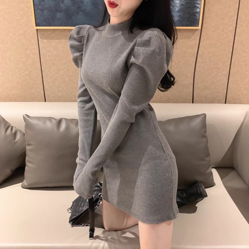 秋冬新款时尚女神性感包臀短裙韩国长袖修身半高领外穿针织连衣裙
