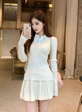 短裙+上衣假两件正肩polo领针织衫女秋冬修身内搭打底v领毛衣短款