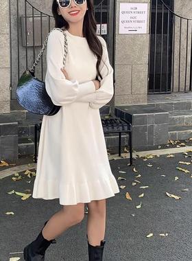 针织连衣裙女宽松显瘦秋冬季打底长袖中长款小个子毛衣裙搭配外套
