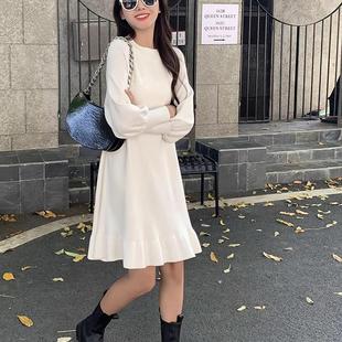 针织连衣裙女宽松显瘦秋冬季打底长袖中长款小个子毛衣裙搭配外套