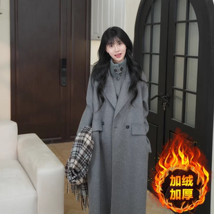 加绒加厚大衣+马甲两件套气质时尚中长款女秋冬款小个子过膝毛呢