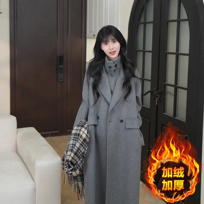 加绒加厚大衣+马甲两件套气质时尚中长款女秋冬款小个子过膝毛呢