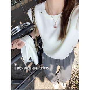 休闲百搭上衣女 两件套女2025夏新品 海军风设计感带披肩短袖 针织衫