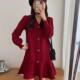 新款 法式 气质荷叶边针织连衣裙女2024冬季 V领内搭红色宽松毛衣裙