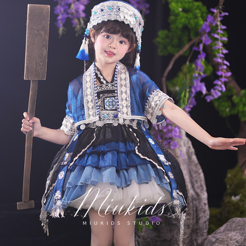 miu妈童品原创设计三月三苗族女童民族风洛丽塔裙夏款蓝色吊带裙