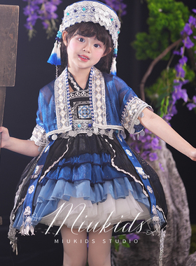 miu妈童品原创设计三月三苗族女童民族风洛丽塔裙夏款蓝色吊带裙