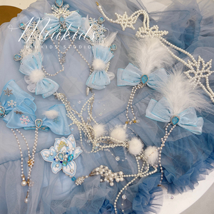 miu妈童品原创设计款女童蓝色国风系列发夹发饰胸针