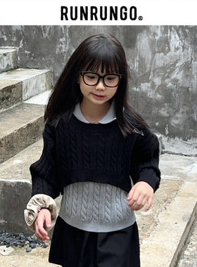 RUNRUNGO女童毛衣秋季黑色长袖短款休闲叠穿设计感针织毛衫两件套