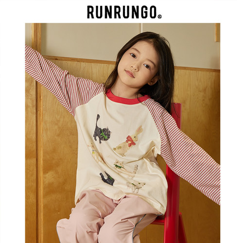 RUNRUNGO插肩长袖T恤女童春秋季条纹休闲印花T恤休闲上衣儿童