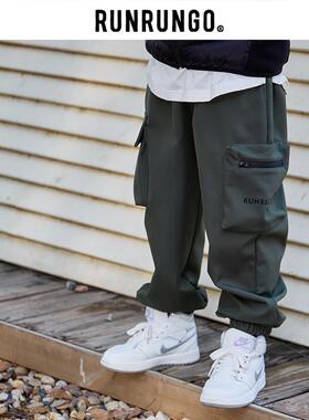 RUNRUNGO儿童工装冲锋裤三防加绒加厚中大童束脚裤男女童秋冬长裤