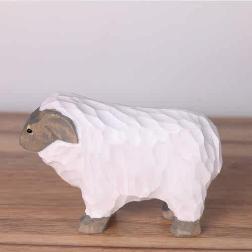 白羊白色系手工动物木雕桌面摆件