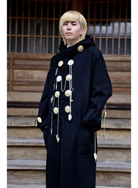 yoji ooak暗黑风大金扣羊毛链条长款黑色风衣男厚款重磅大衣