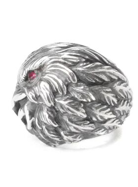 TOP-YAMAMOTO银色金属羽毛戒指女红宝石眼睛立体雕刻开口戒指环