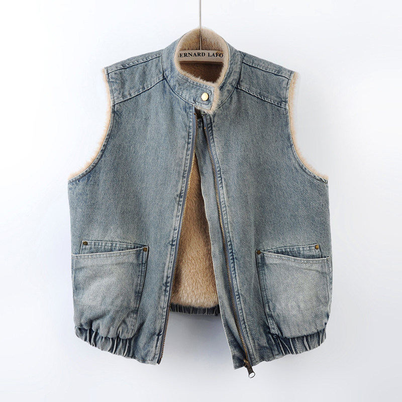 2025冬季新款复古立领两面穿加绒加厚牛仔马甲女宽松坎肩背心夹克,女装/女士精品,马夹,淘宝优惠券,粉丝福利购,淘宝优惠卷