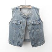 新款 时尚 显瘦圆领无袖 2025春季 牛仔马甲女短款 休闲背心上衣坎肩潮