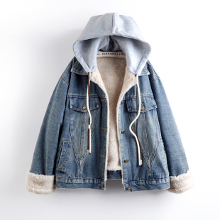 2025秋冬新款 加绒加厚牛仔外套女连帽羊羔毛宽松百搭棉服夹克上衣