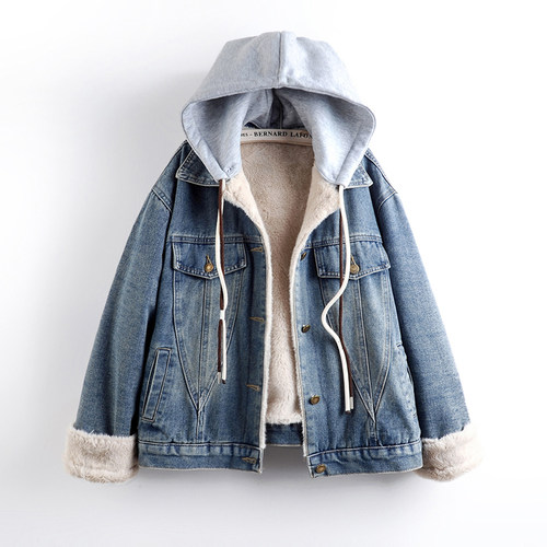 加绒加厚牛仔外套女连帽棉服