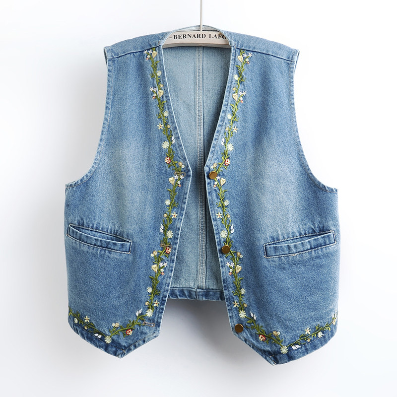 春夏新款复古小碎花刺绣牛仔马甲女无袖V领背心百搭显瘦外穿坎肩