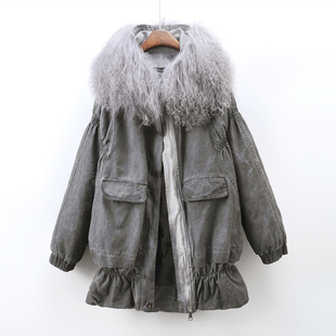 2025冬季新款欧货连帽羊羔毛大毛领牛仔羽绒服女中长款保暖派克服