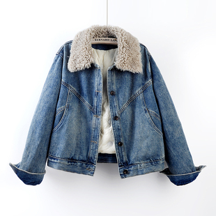 2025冬季新款翻领毛领羽绒内胆牛仔外套女保暖加绒夹克小个子上衣