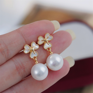 DIY珍珠配件 18K包金铜厚镀金轻奢贝壳幸运草款耳钉半成品 8-12mm