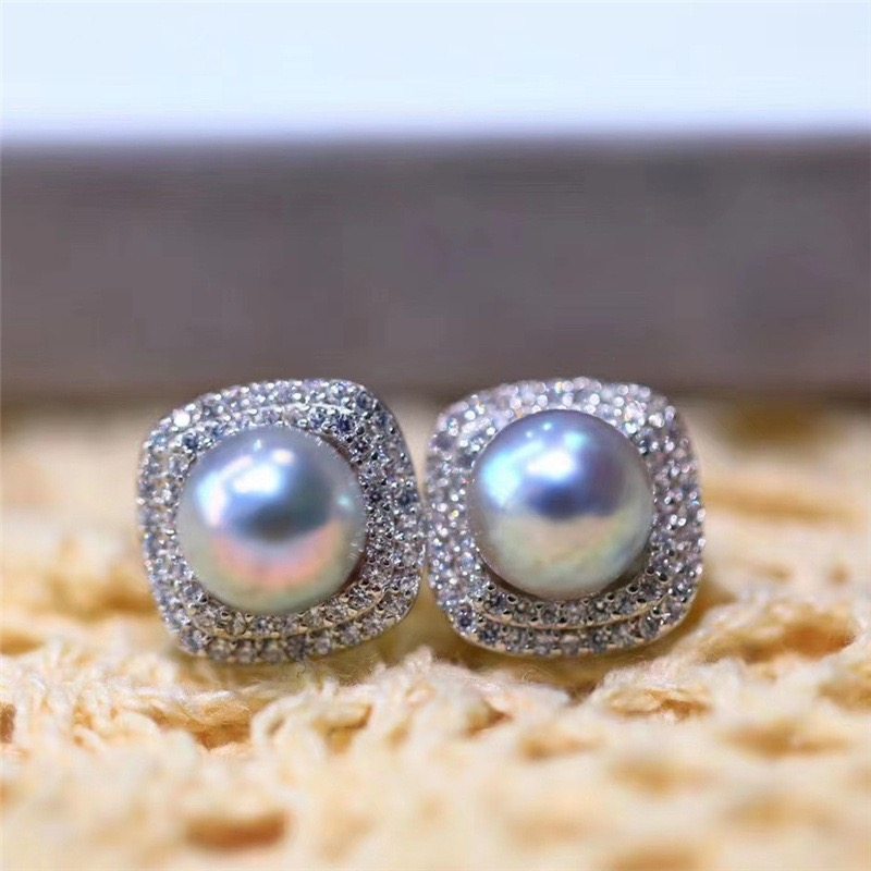 DIY珍珠配件 方糖围镶锆石铜镀金S925银耳针耳钉半成品  金色银色