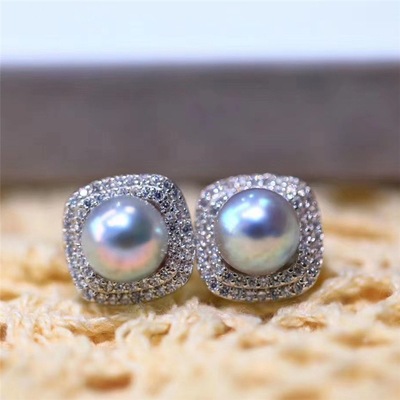 DIY珍珠配件 方糖围镶锆石铜镀金S925银耳针耳钉半成品  金色银色