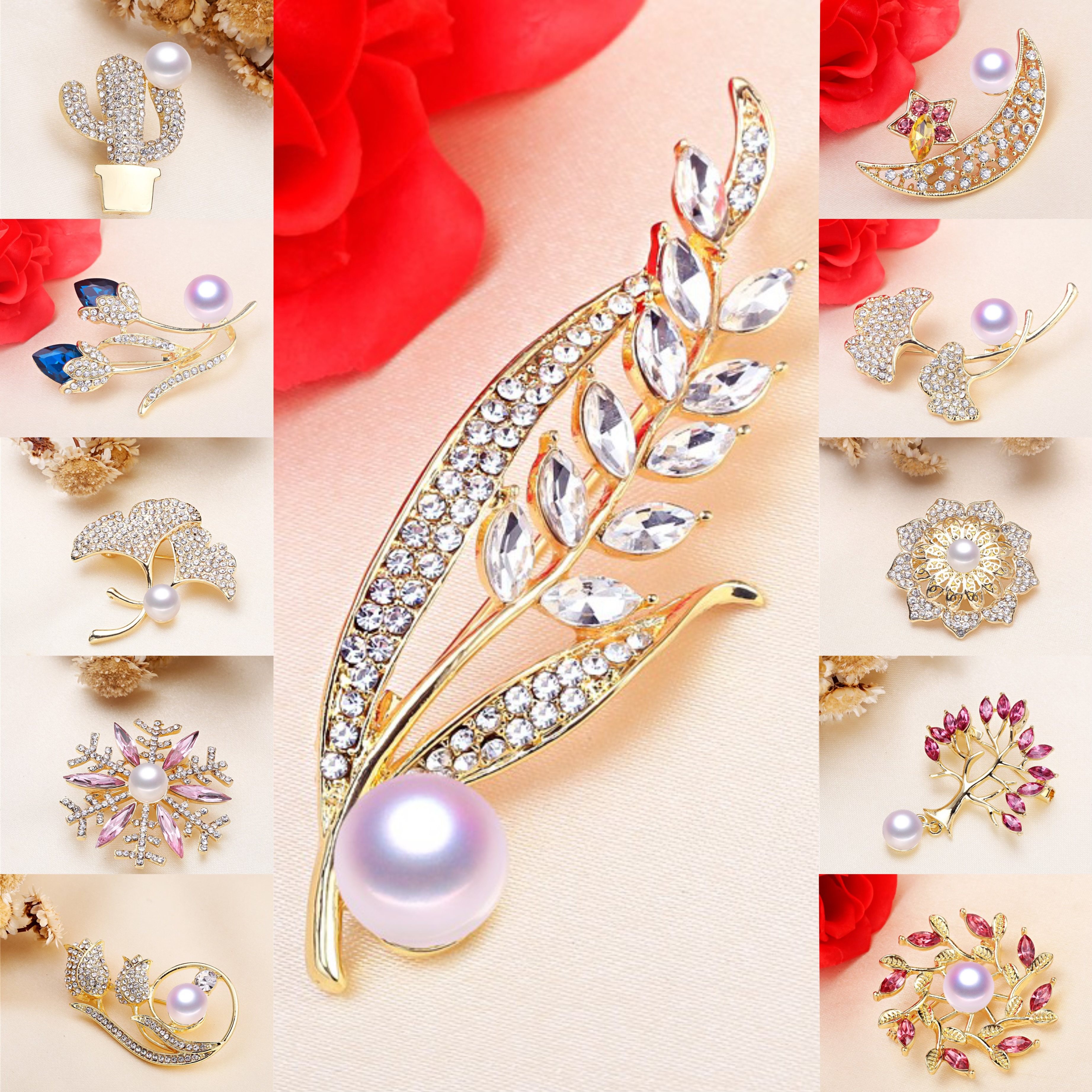 DIY珍珠配件 合金厚镀金韩版花卉别针胸针胸花半成品 集合链接5