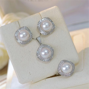 DIY珍珠配件 S925纯银大冰糖围镶T方锆石吊坠耳钉戒指套装半成品