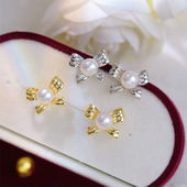 DIY珍珠配件 5mm S925纯银蝴蝶结款 耳钉精致耳饰半成品金色银色