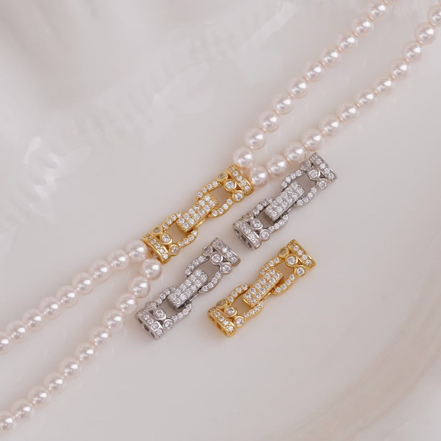 DIY配件 S925纯银精工复古满锆石双排珍珠项链毛衣链收尾银扣子